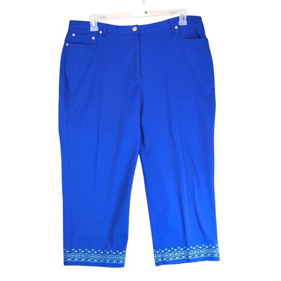 NWT Ruby Rd Blue Embroidered Capri Pants Women's 16 Comfort Waist 38x22.5" Boho - Picture 1 of 10